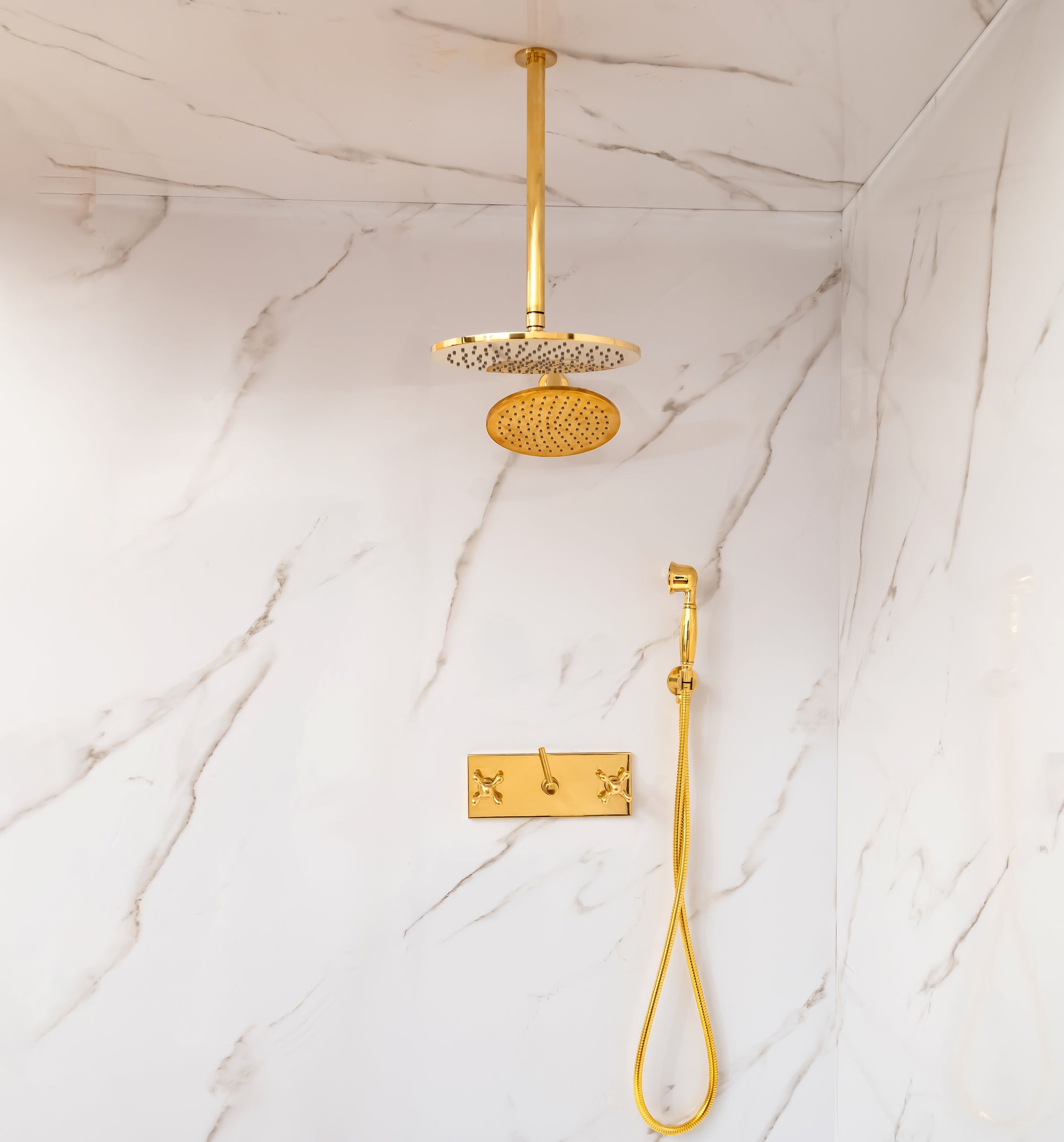 Unlacquered Brass Shower System – Dual Rain Shower with Ceiling Head &amp; Handheld Set