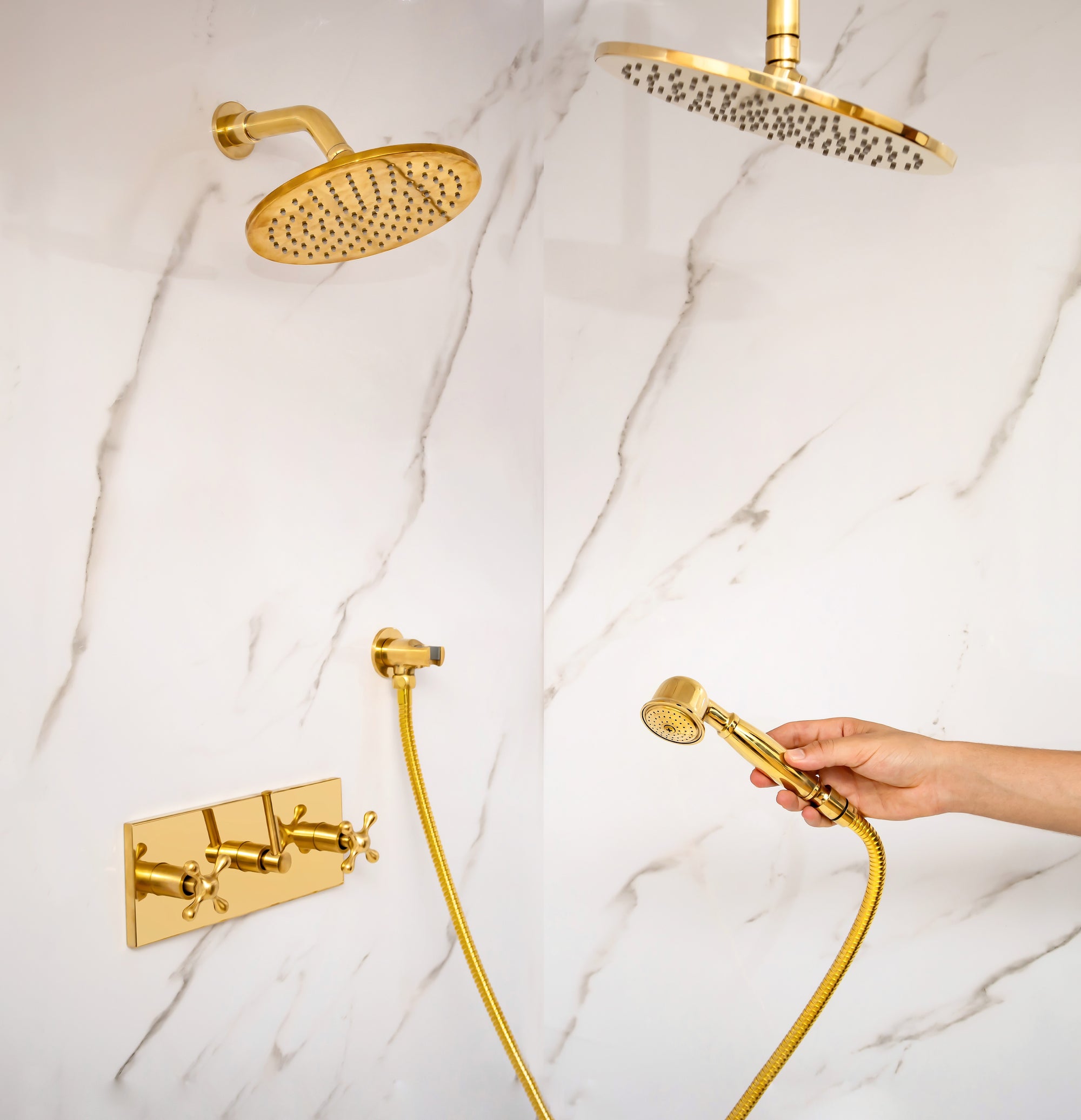 Unlacquered Brass Shower System – Dual Rain Shower with Ceiling Head &amp; Handheld Set