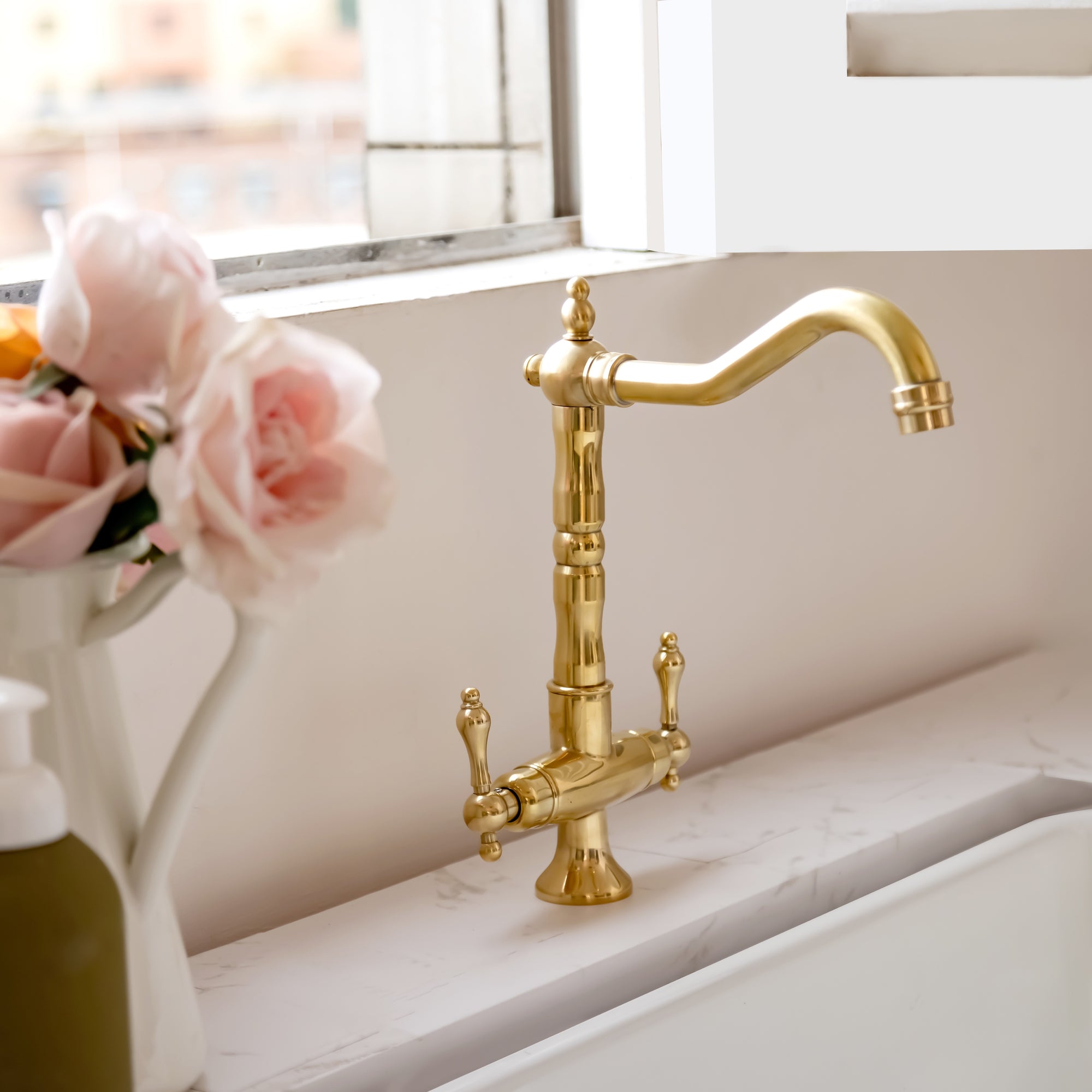 Solid Brass Single Hole Bar Sink Faucet with Dual Handles – Unlacquered Brass