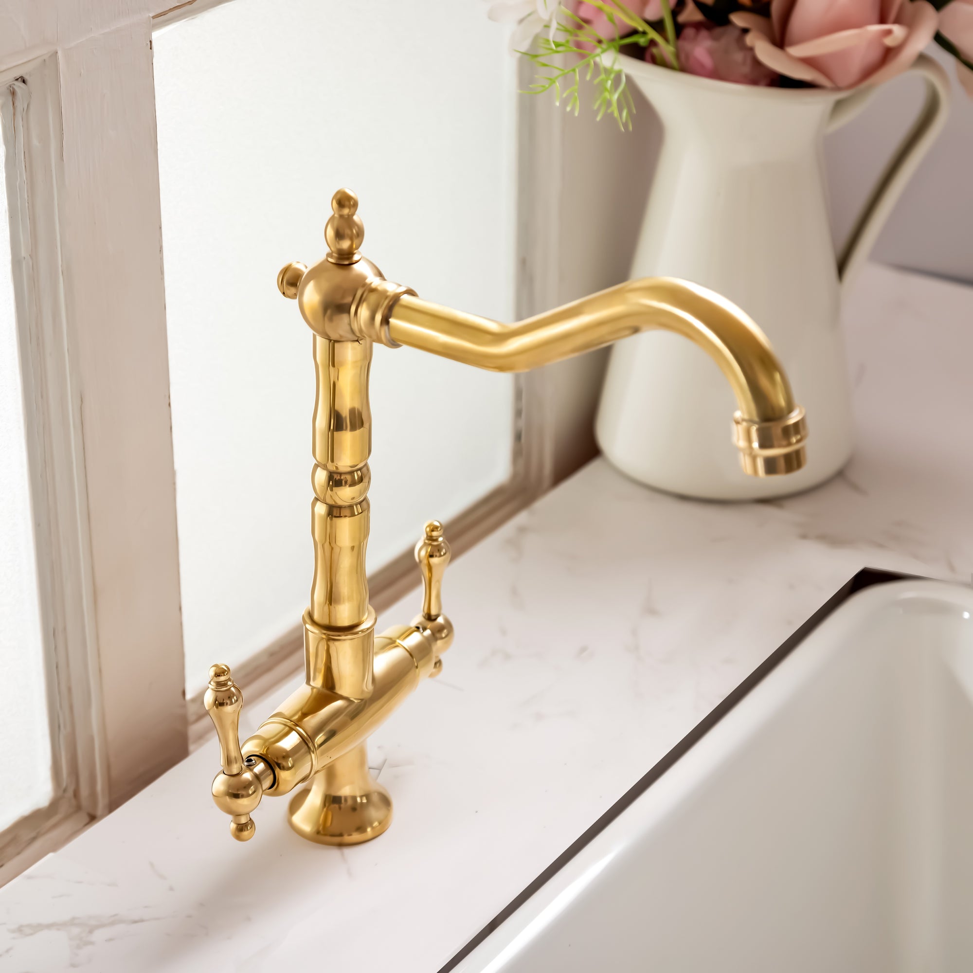 Solid Brass Single Hole Bar Sink Faucet with Dual Handles – Unlacquered Brass
