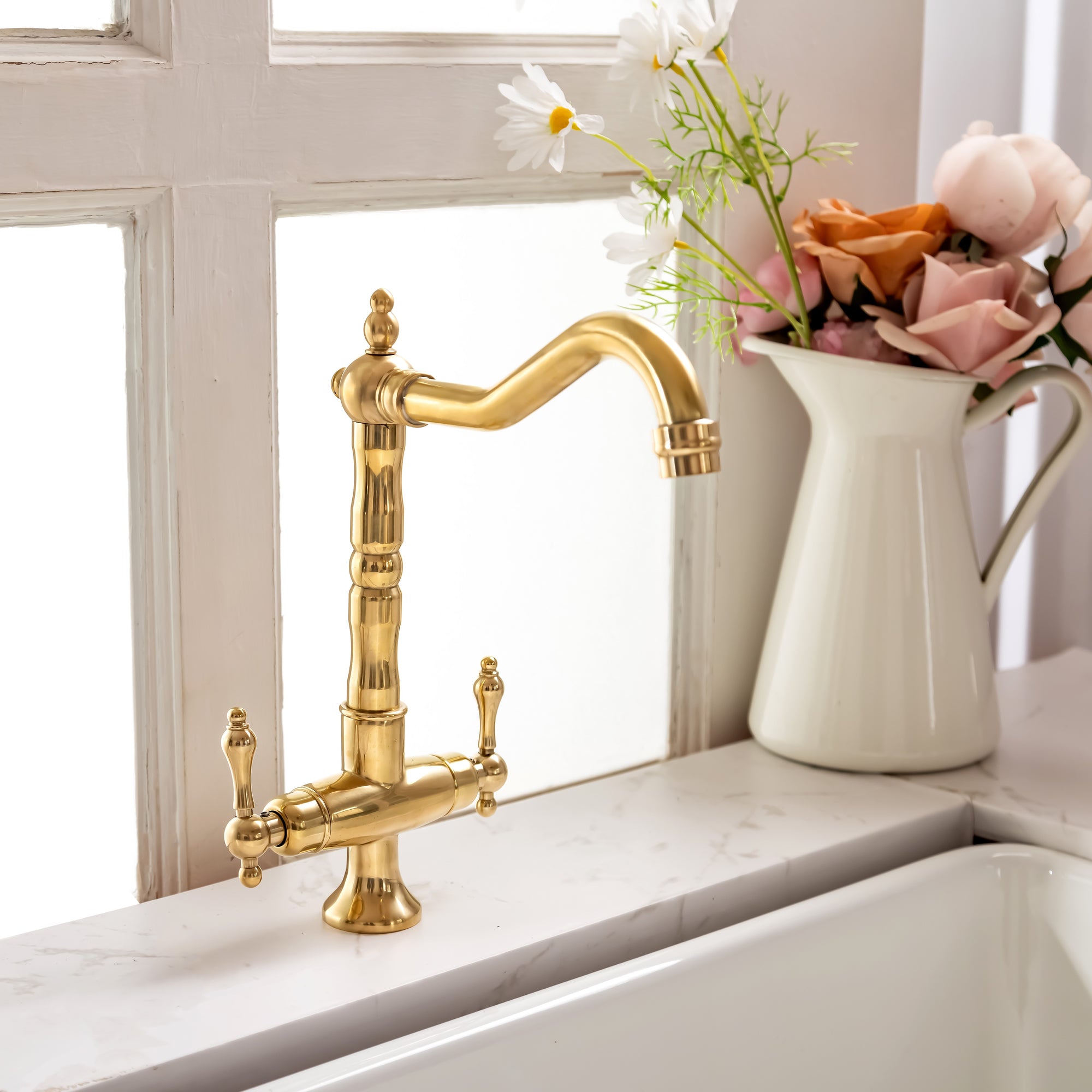 Solid Brass Single Hole Bar Sink Faucet with Dual Handles – Unlacquered Brass