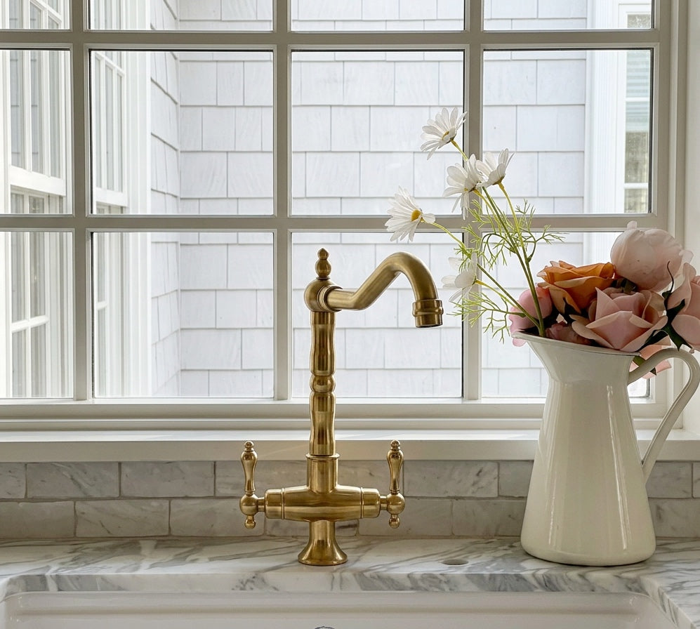 Solid Brass Single Hole Bar Sink Faucet with Dual Handles – Unlacquered Brass