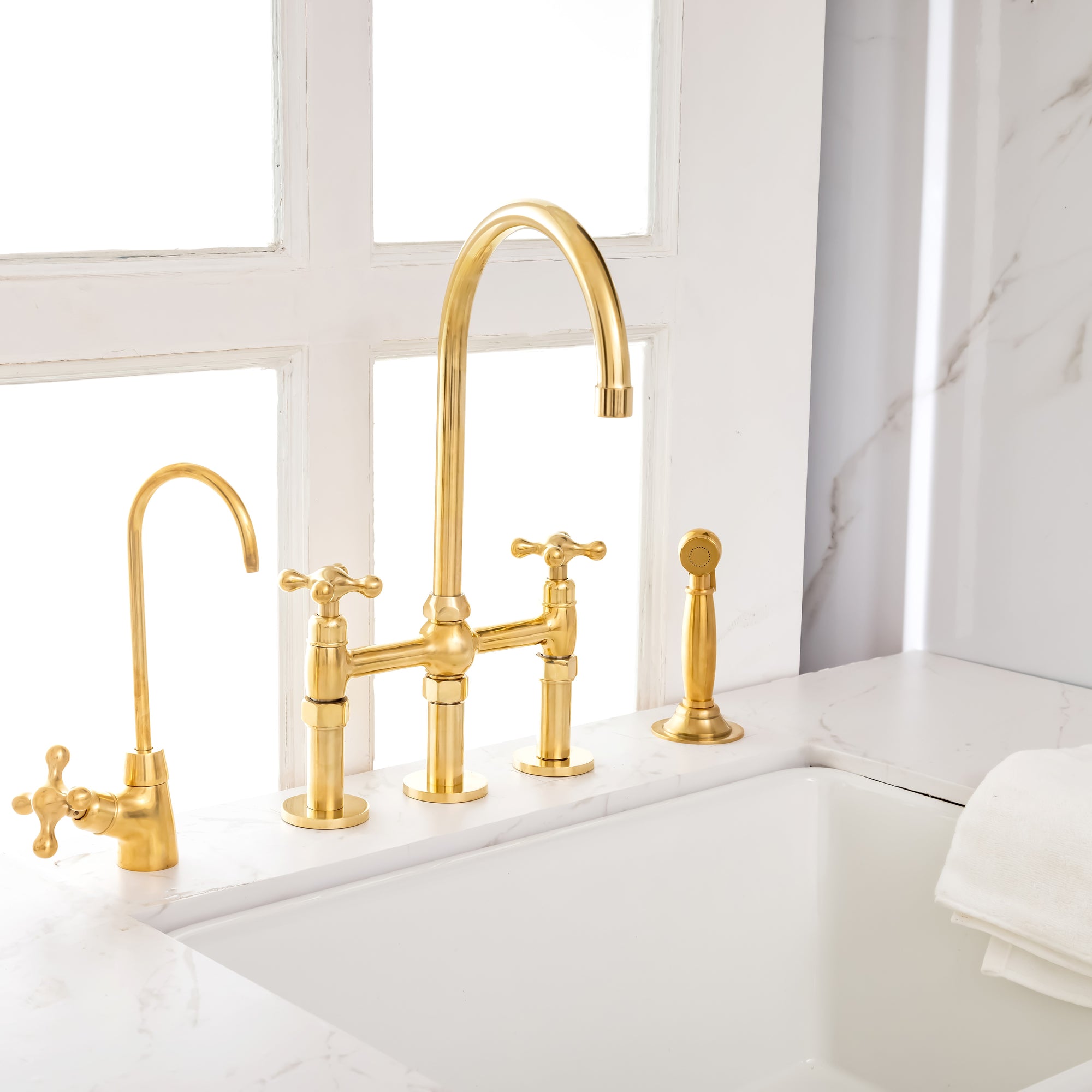 Unlacquered Brass Bridge Kitchen Faucet with Side Sprayer - 3 Legs Bridge
