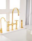 Unlacquered Brass Bridge Kitchen Faucet with Side Sprayer - 3 Legs Bridge