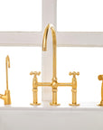 Unlacquered Brass Bridge Kitchen Faucet with Side Sprayer - 3 Legs Bridge