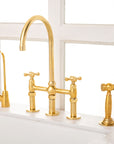 Unlacquered Brass Bridge Kitchen Faucet with Side Sprayer - 3 Legs Bridge