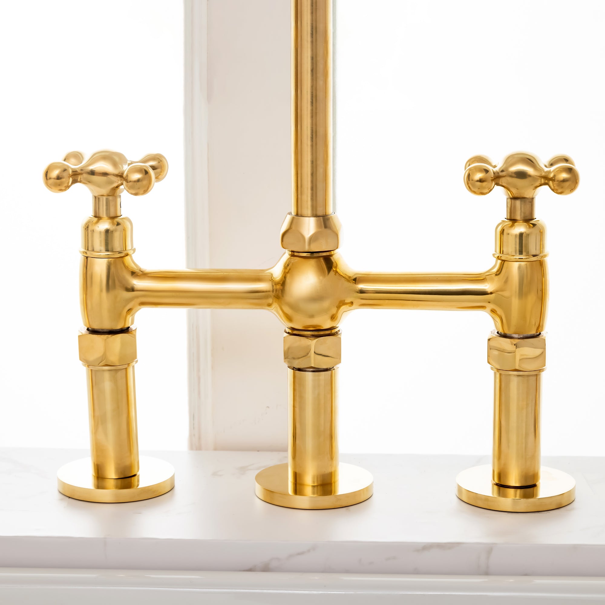 Unlacquered Brass Bridge Kitchen Faucet with Side Sprayer - 3 Legs Bridge