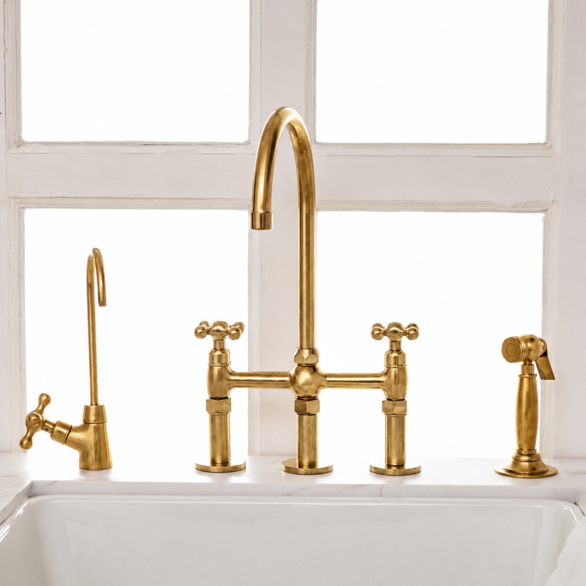 Unlacquered Brass Bridge Kitchen Faucet with Side Sprayer - 3 Legs Bridge