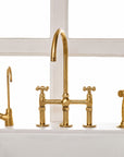 Unlacquered Brass Bridge Kitchen Faucet with Side Sprayer - 3 Legs Bridge