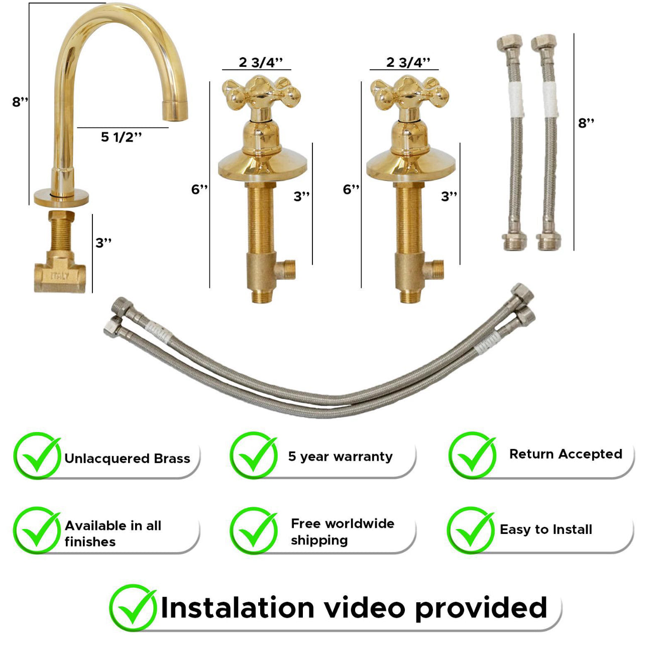 Unlacquered Brass Three Holes Faucet - Bath Faucet