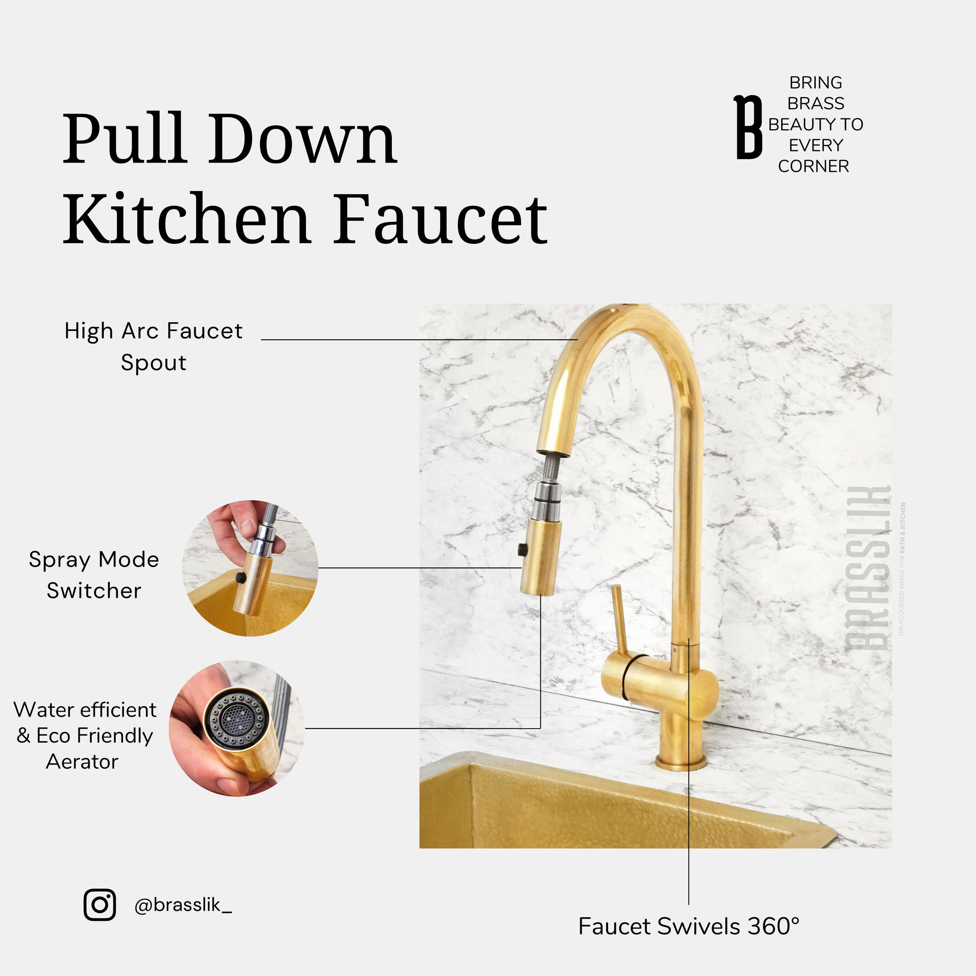 Unlacquered Brass Pull Down Kitchen Faucet