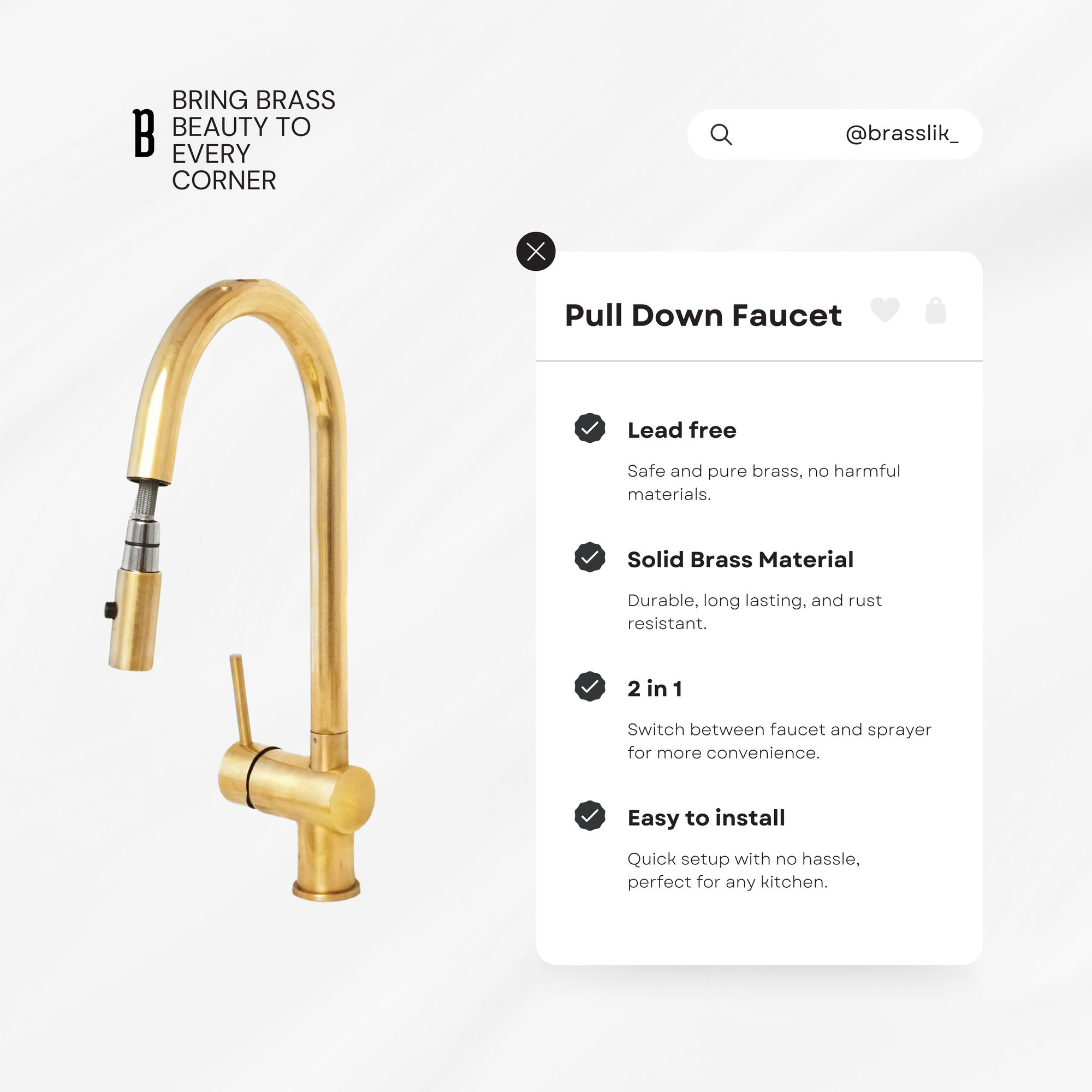 Unlacquered Brass Pull Down Kitchen Faucet