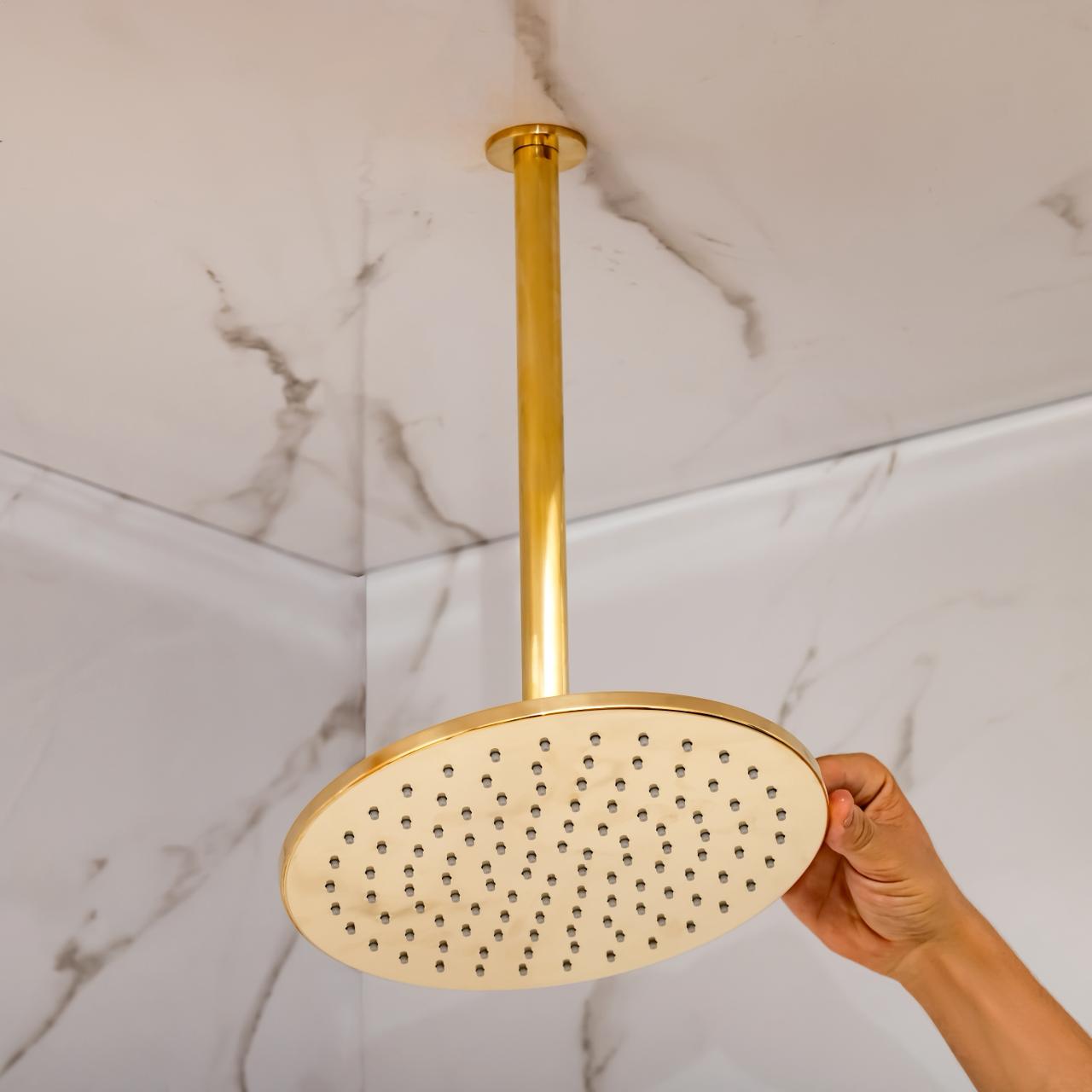 Unlacquered Brass Shower System – Dual Rain Shower with Ceiling Head &amp; Handheld Set