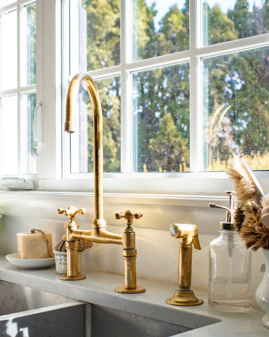 Unlacquered brass bridge faucet, antique brass kitchen faucet