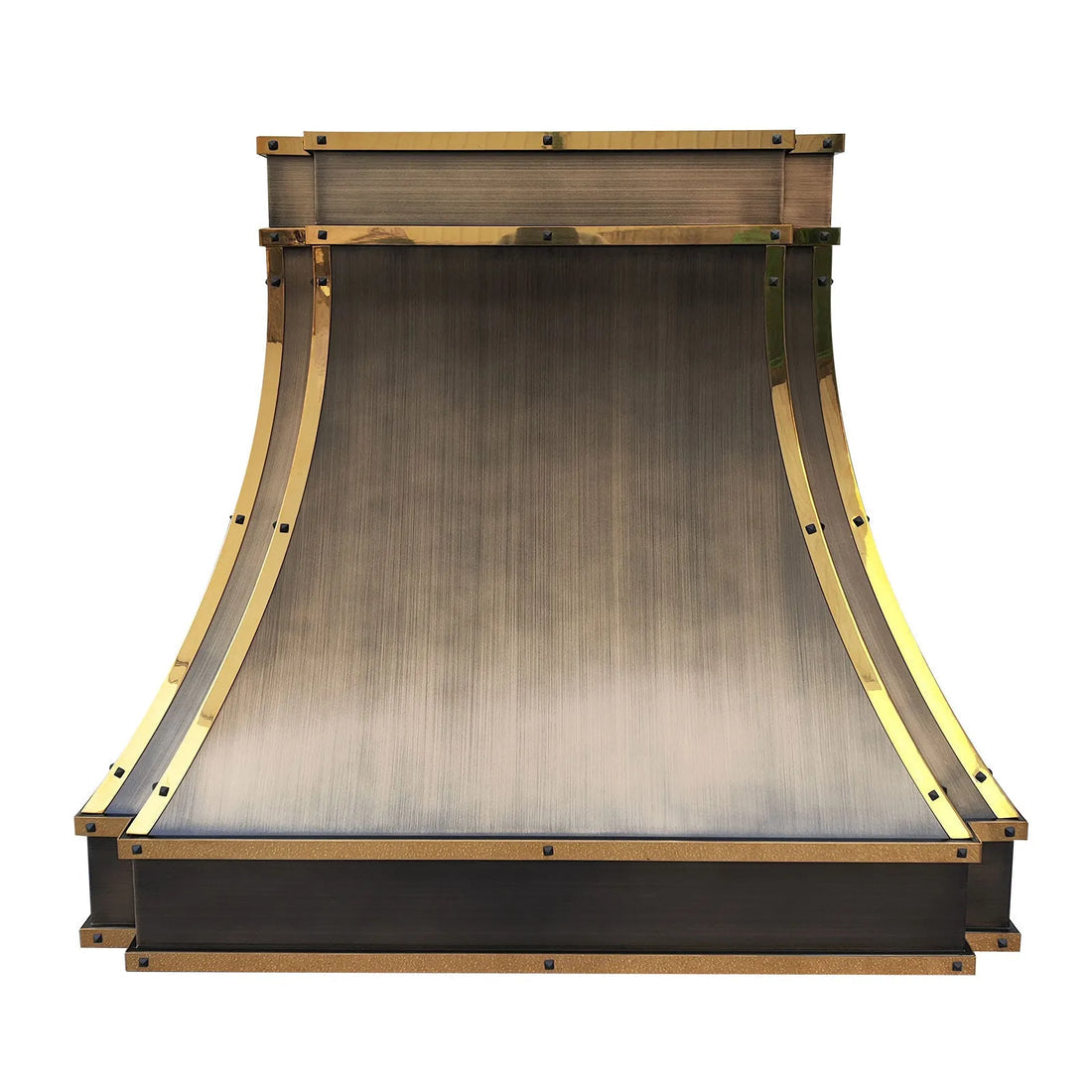 Custom-size antique brass kitchen range hood cover by Brasslik