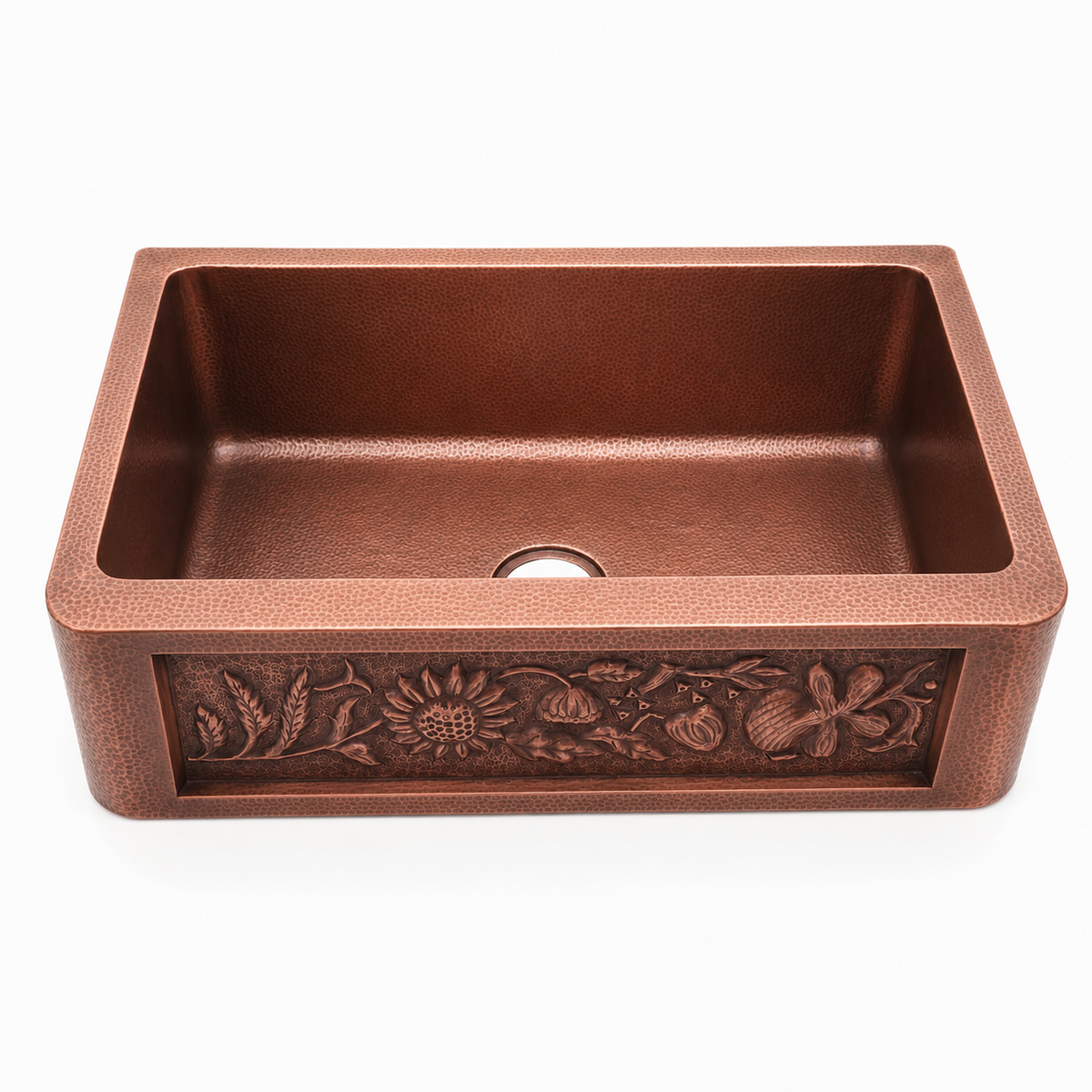 Hammered antique copper farmhouse sink, handcrafted for kitchens