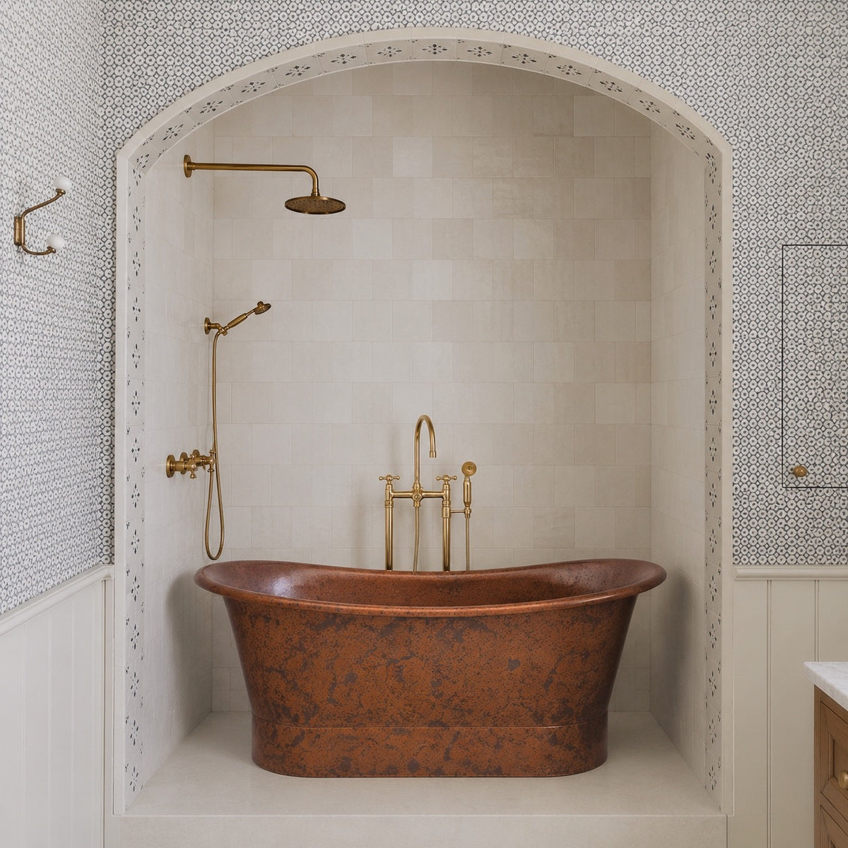 Solid copper freestanding soaking bathtub with warm antique patina