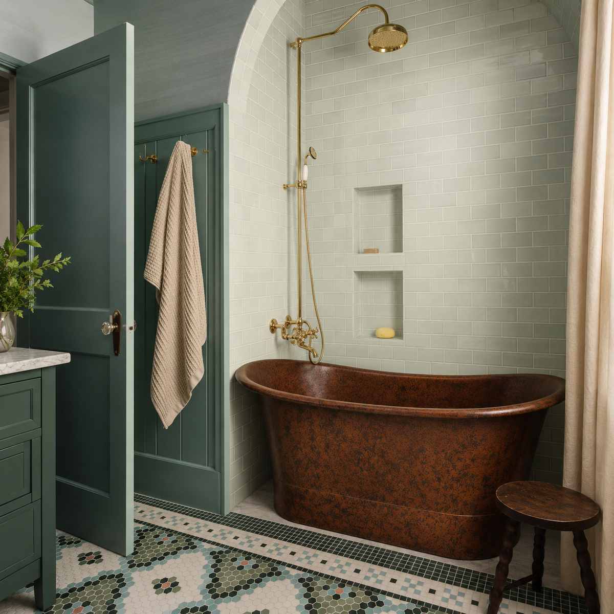 Freestanding copper bathtub with warm aged finish