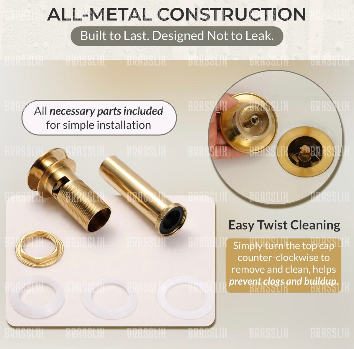 Unlacquered brass pop-up sink drain with overflow hole