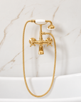 Bespoke bathtub wall mount filler with handheld in unlacquered brass
