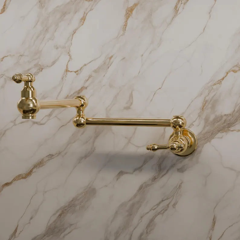 Articulated brass pot filler faucet in two handle styles, old lever or simple cross