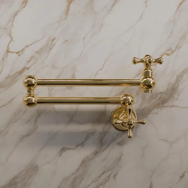 Articulating wall-mounted pot filler faucet in solid brass