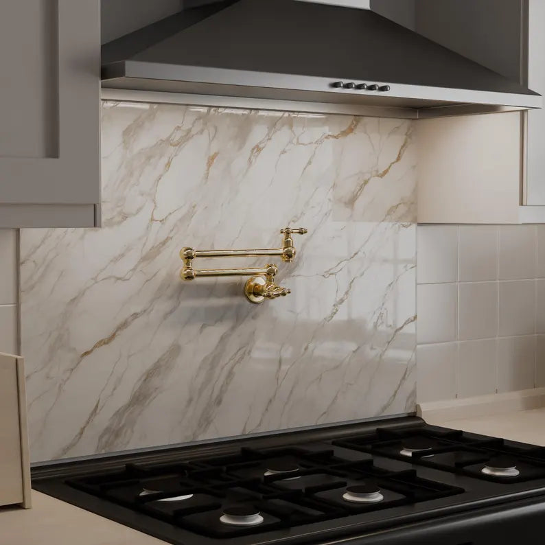 Brass kitchen pot filler faucet by Brasslik for stovetop water access