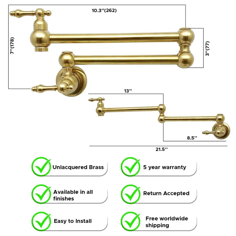 Solid brass pot filler faucet, wall mounted kitchen fixture