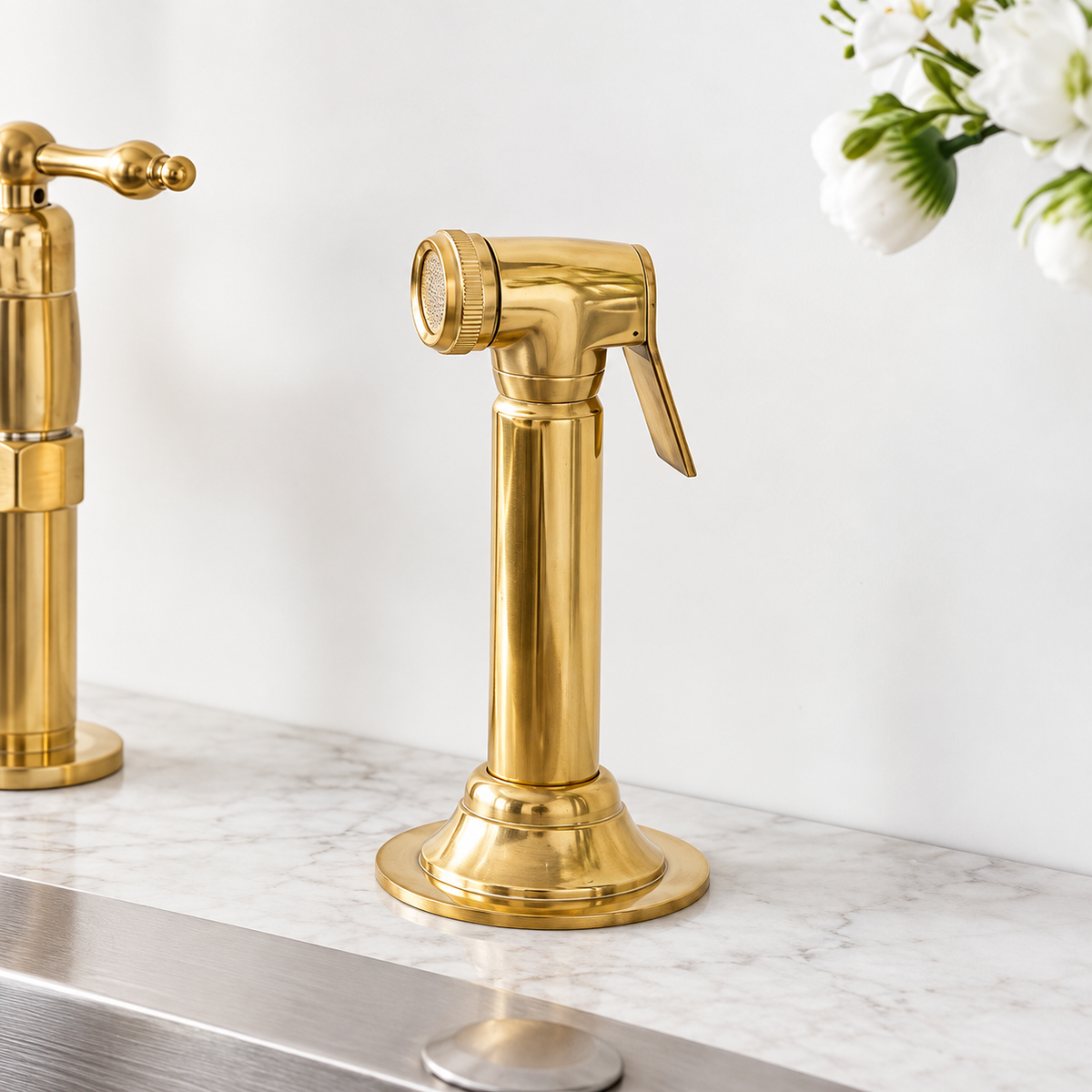 Unlacquered brass side sprayer for kitchen faucet with focused spray