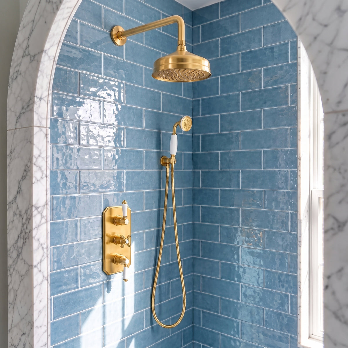 Brasslik thermostatic shower system in solid unlacquered brass