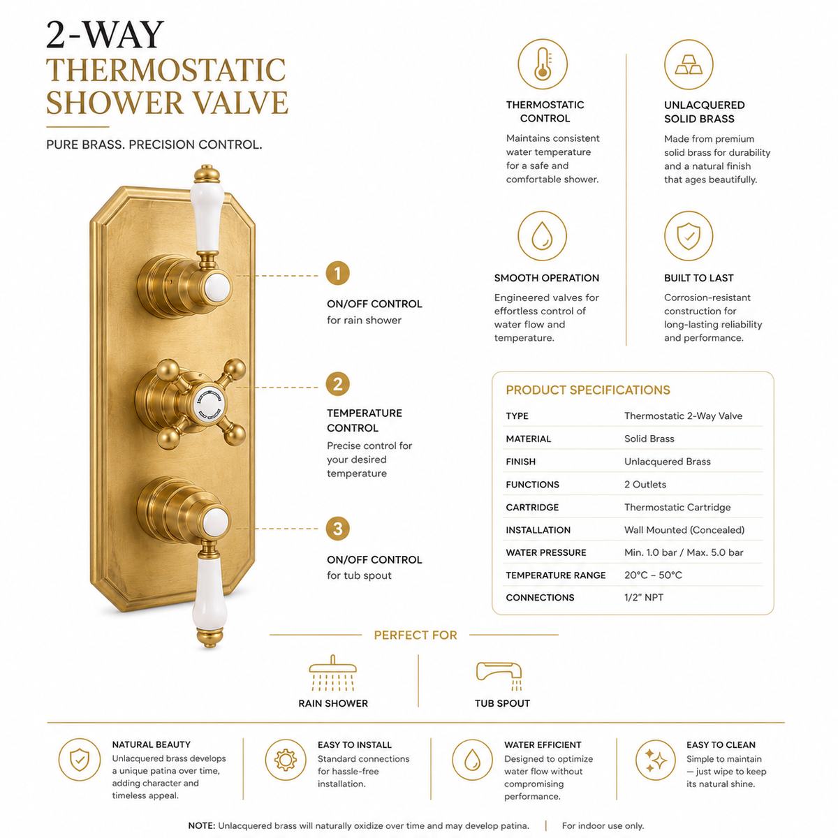 Unlacquered brass thermostatic shower valve by Brasslik