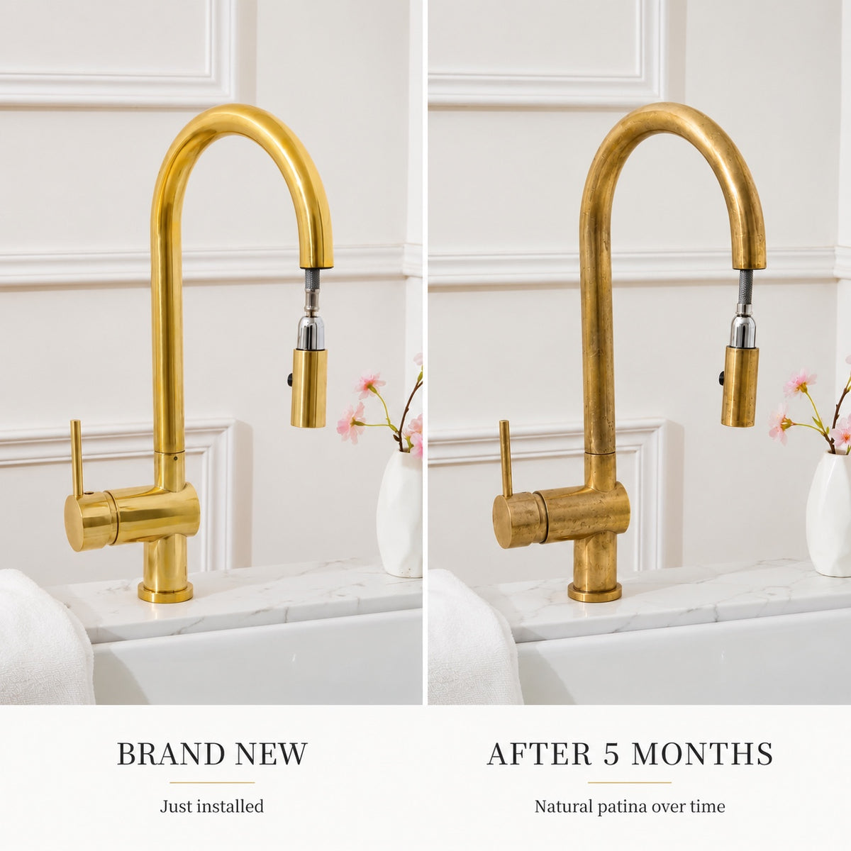 Handcrafted solid brass pull down faucet for kitchens, Brewster by Brasslik