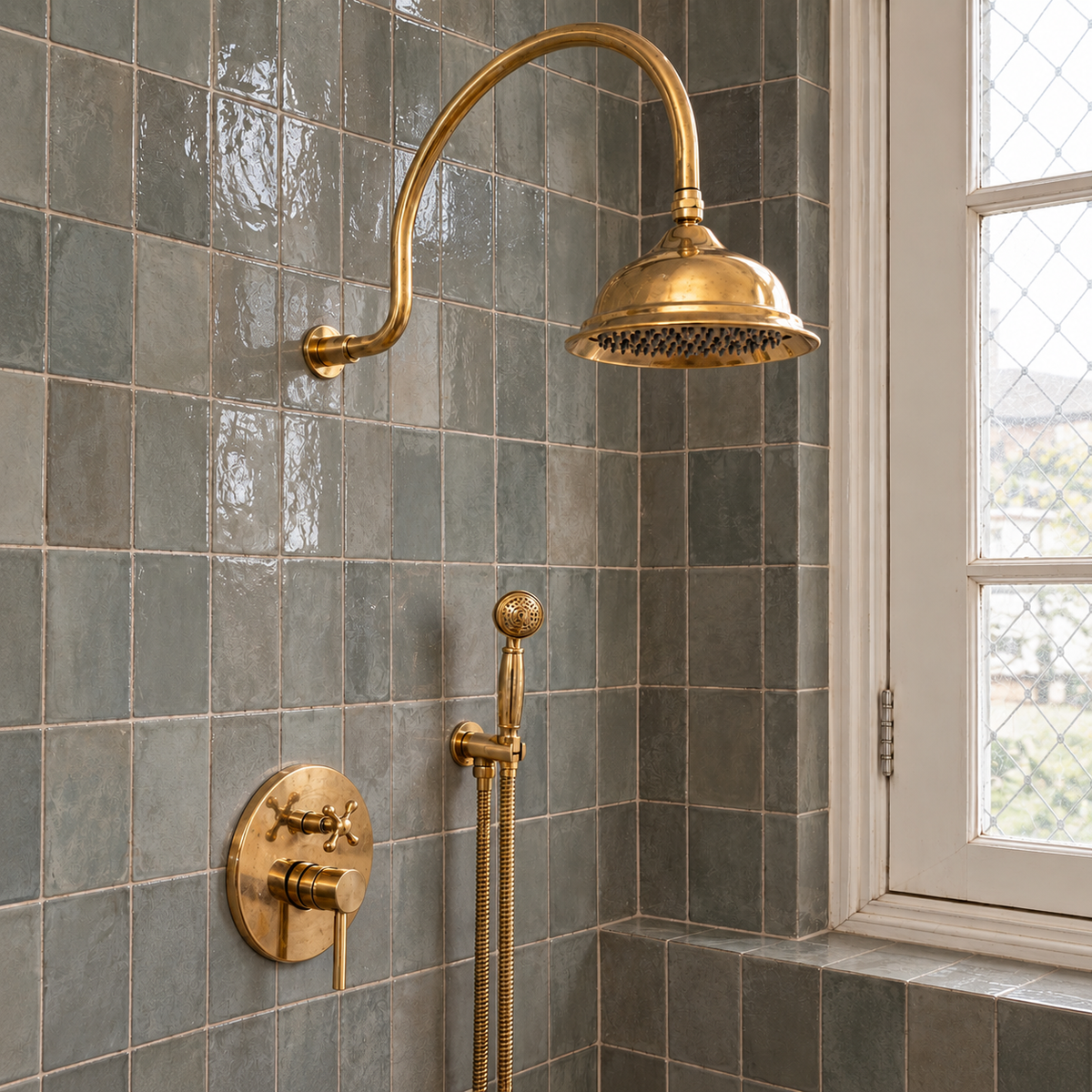 Charleston curved shower in unlacquered brass