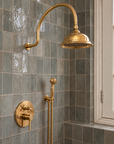 Charleston curved shower in unlacquered brass