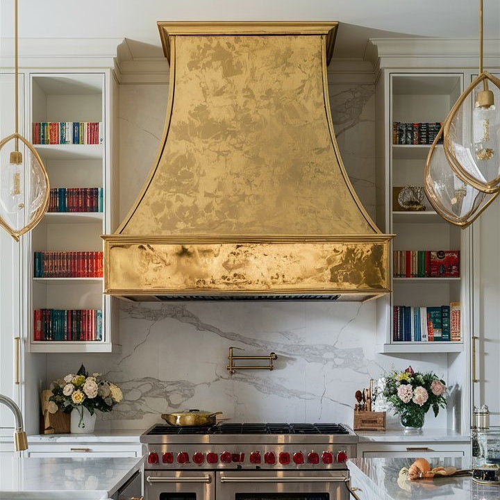 Classic custom brass range hood for luxury kitchens