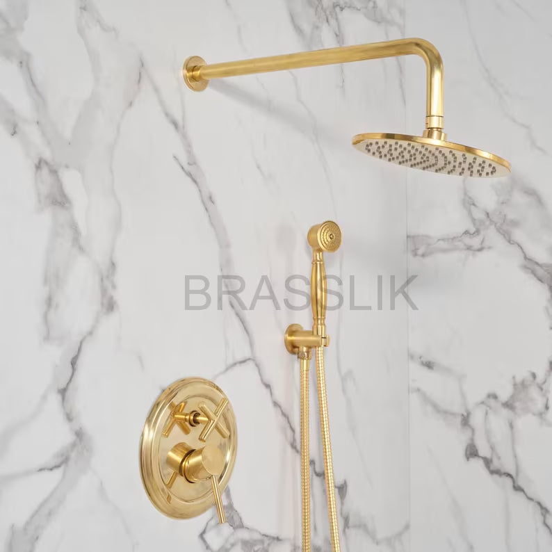 Colorado solid unlacquered brass shower system with handheld