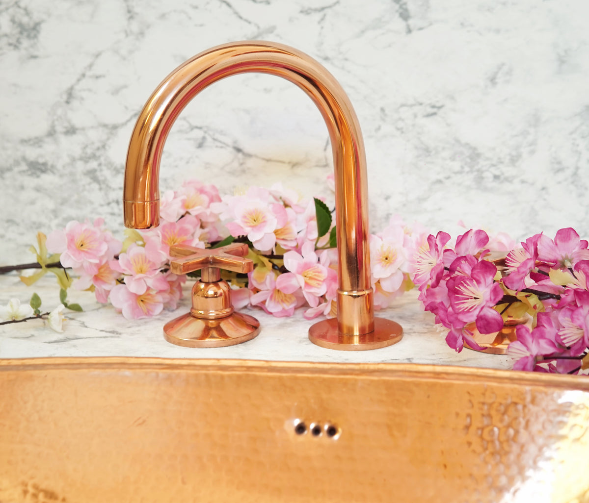 Copper finish brass vanity faucet with graceful gooseneck spout