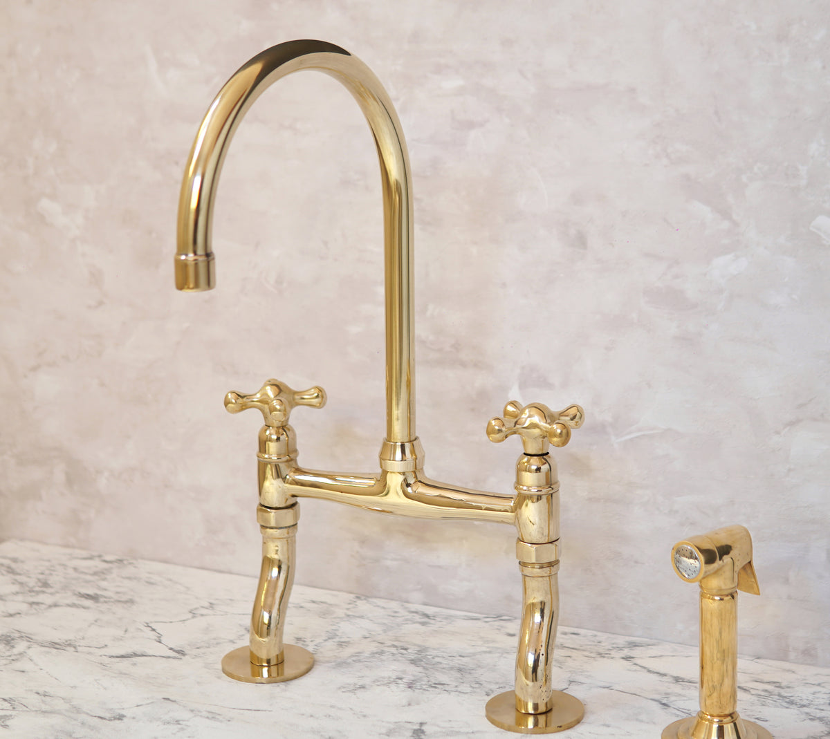 Curved-leg unlacquered brass bridge kitchen faucet, handcrafted