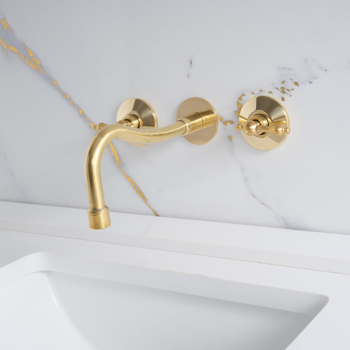 Graceful curved wall mount brass faucet for bathroom sinks