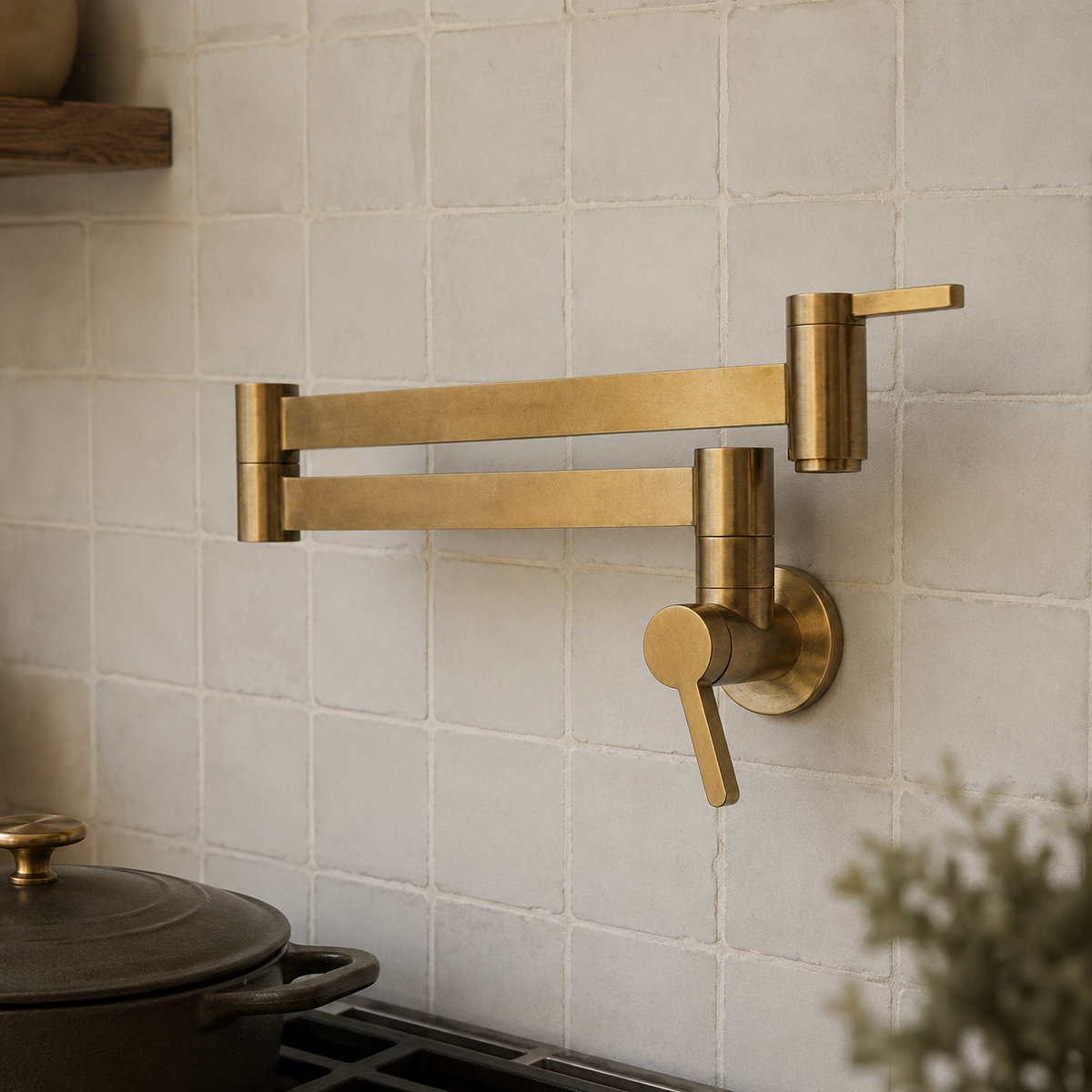 Denver brass pot filler in unlacquered brass finish