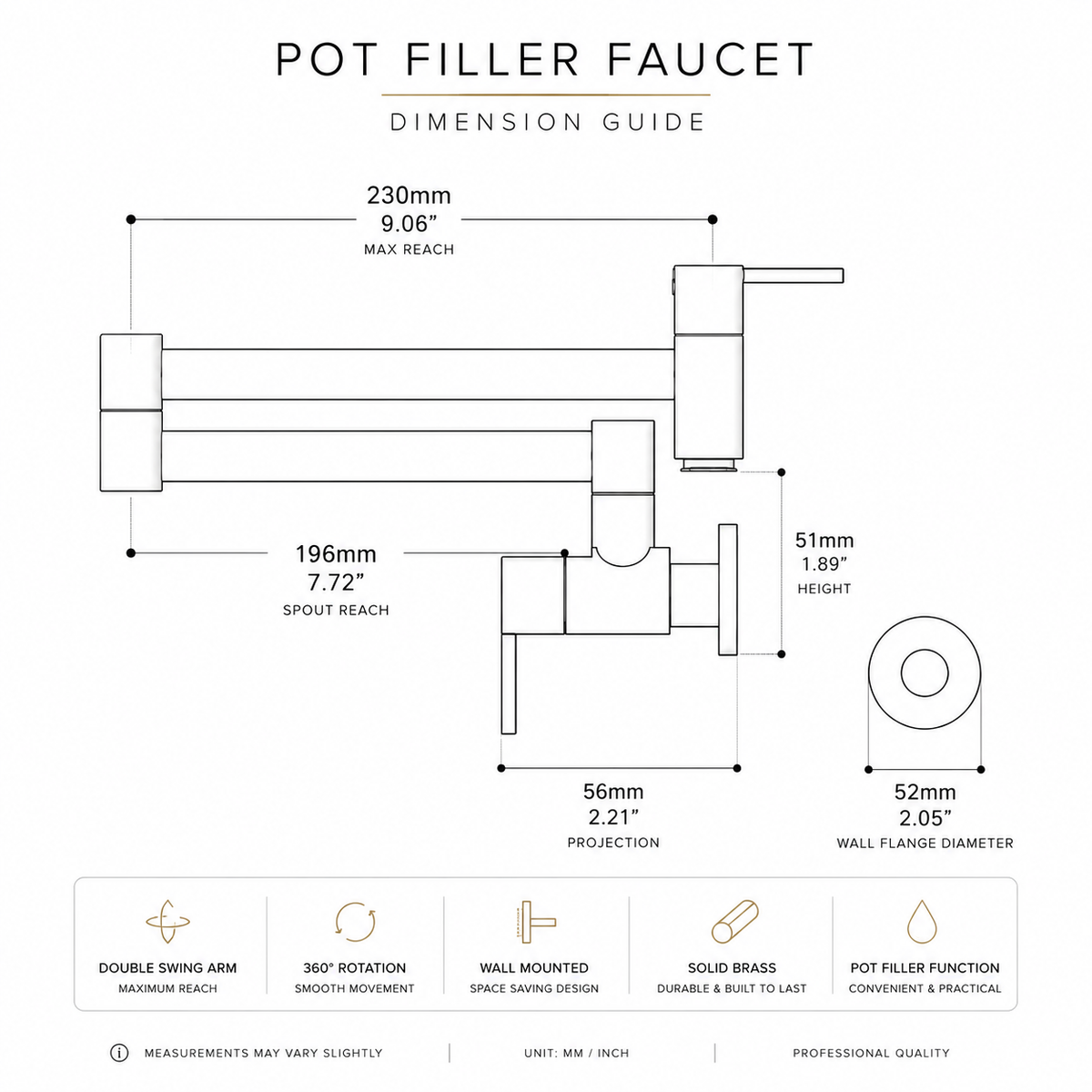 Denver pot filler in solid unlacquered brass