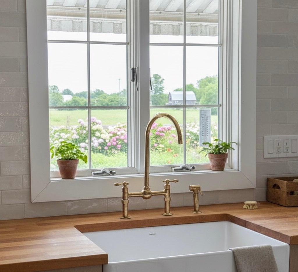 Dusty solid brass bridge faucet for kitchen sinks, handcrafted by Brasslik