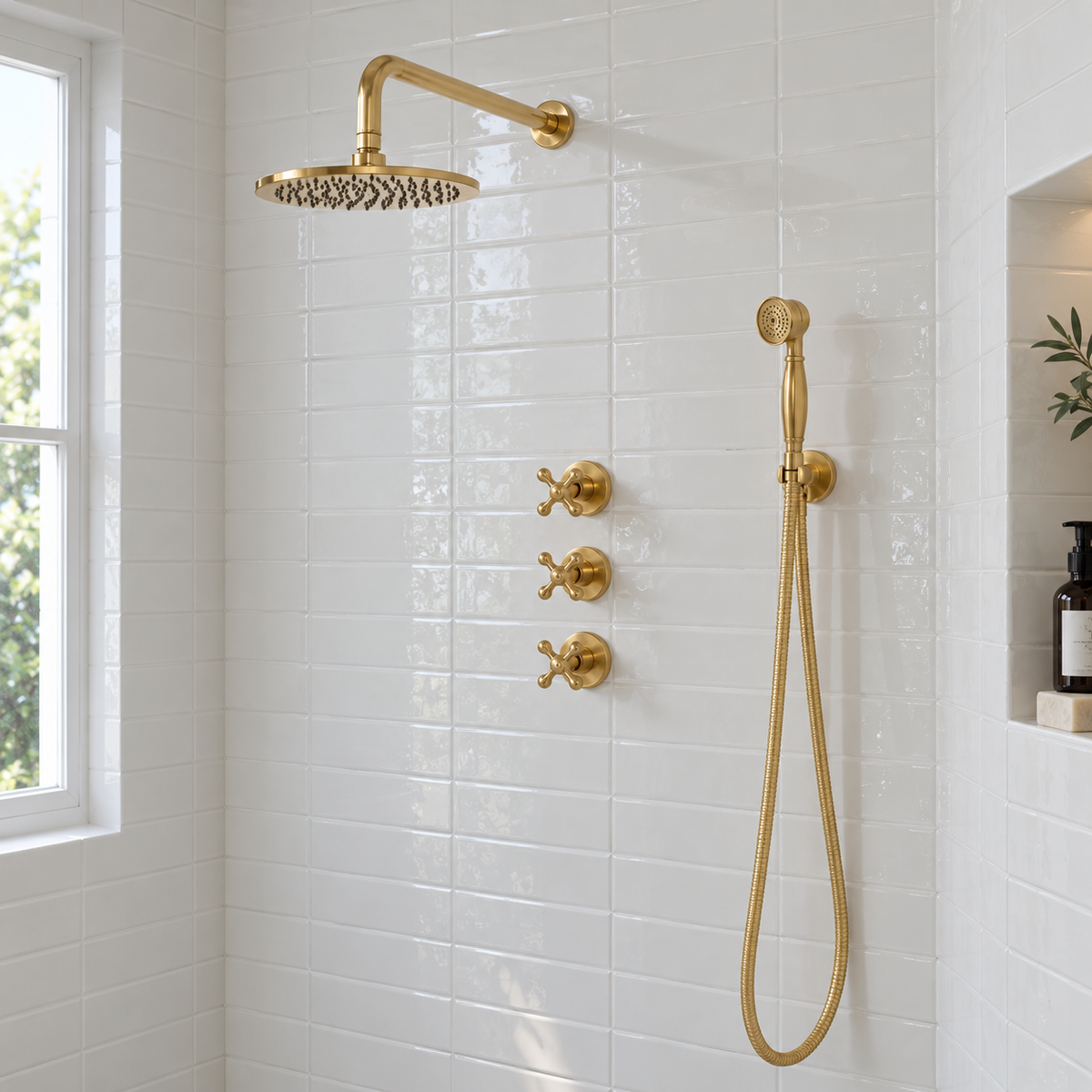 Eden unlacquered brass shower set with valve