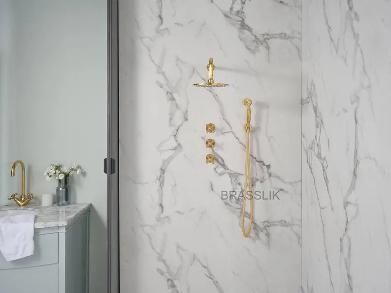 Eden shower set in natural unlacquered brass finish
