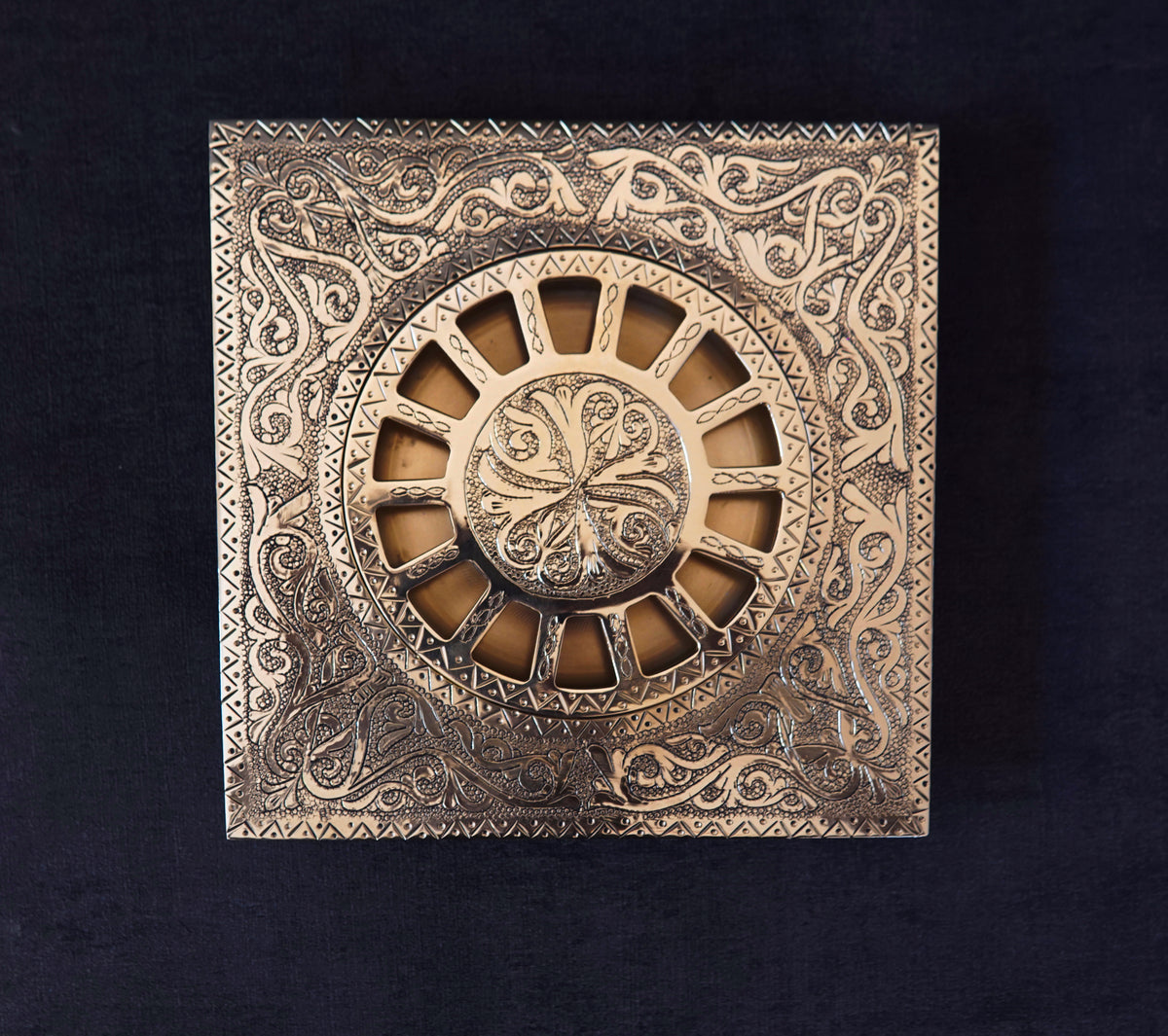 Solid brass square floor drain with engraved design