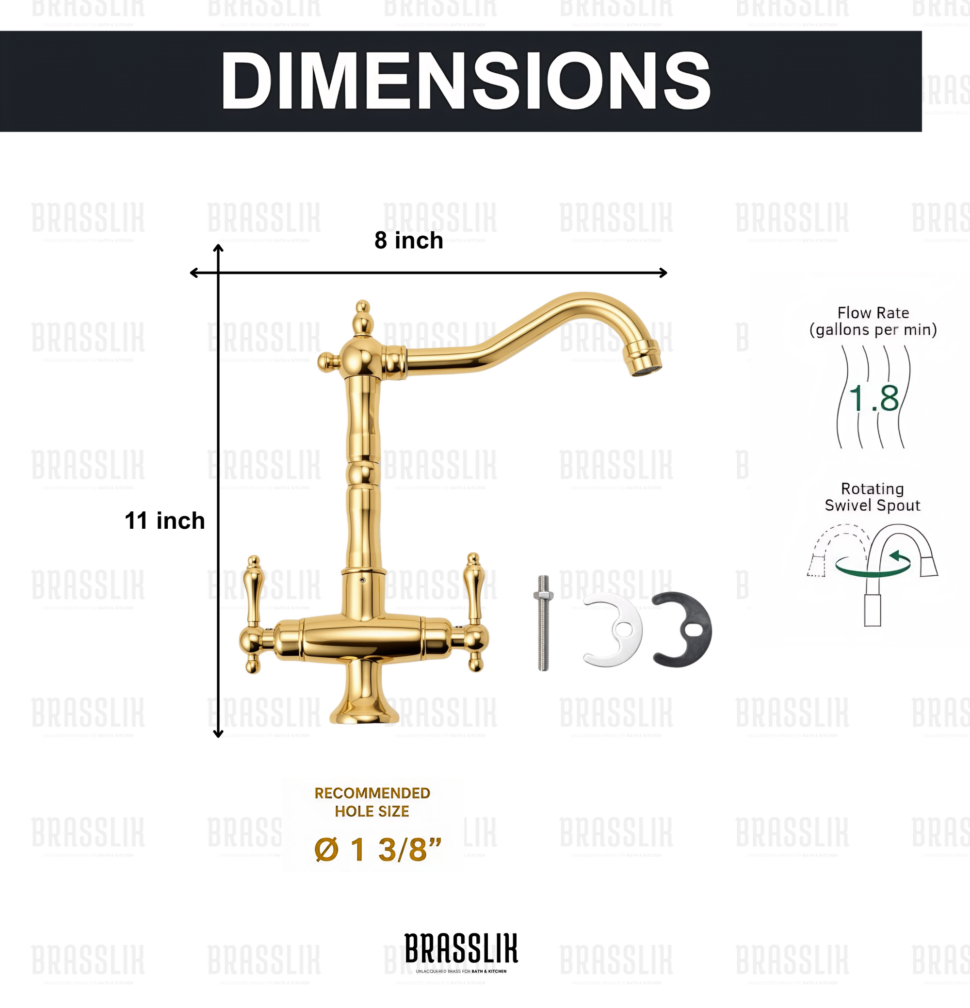 Solid Brass Single Hole Bar Sink Faucet with Dual Handles – Unlacquered Brass
