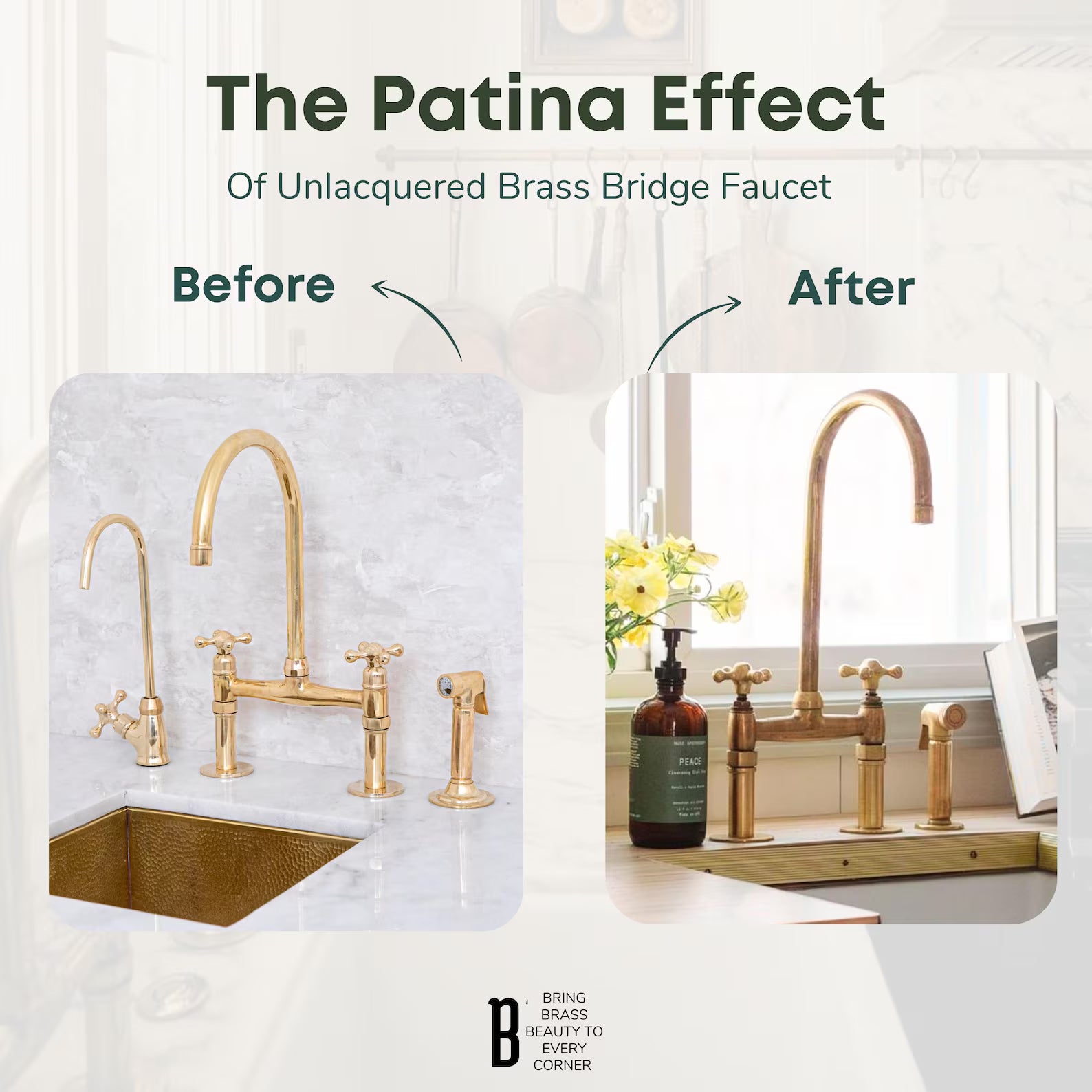 Unlacquered Brass Bridge Kitchen Faucet with Side Sprayer and Drinking Water Tap