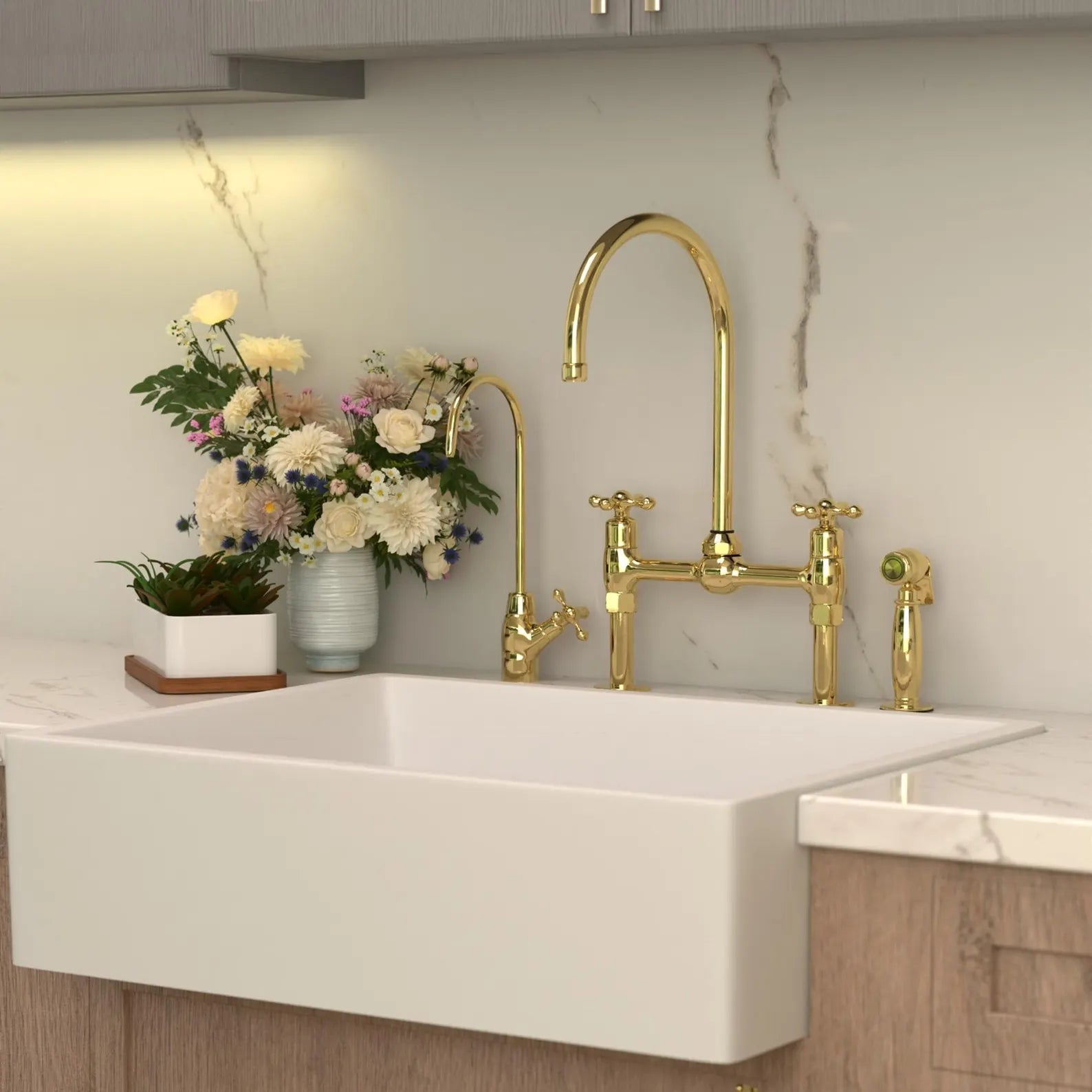 Unlacquered Brass Kitchen Faucet, Center ball Bridge Sink with Sprayer &amp; cold water tap