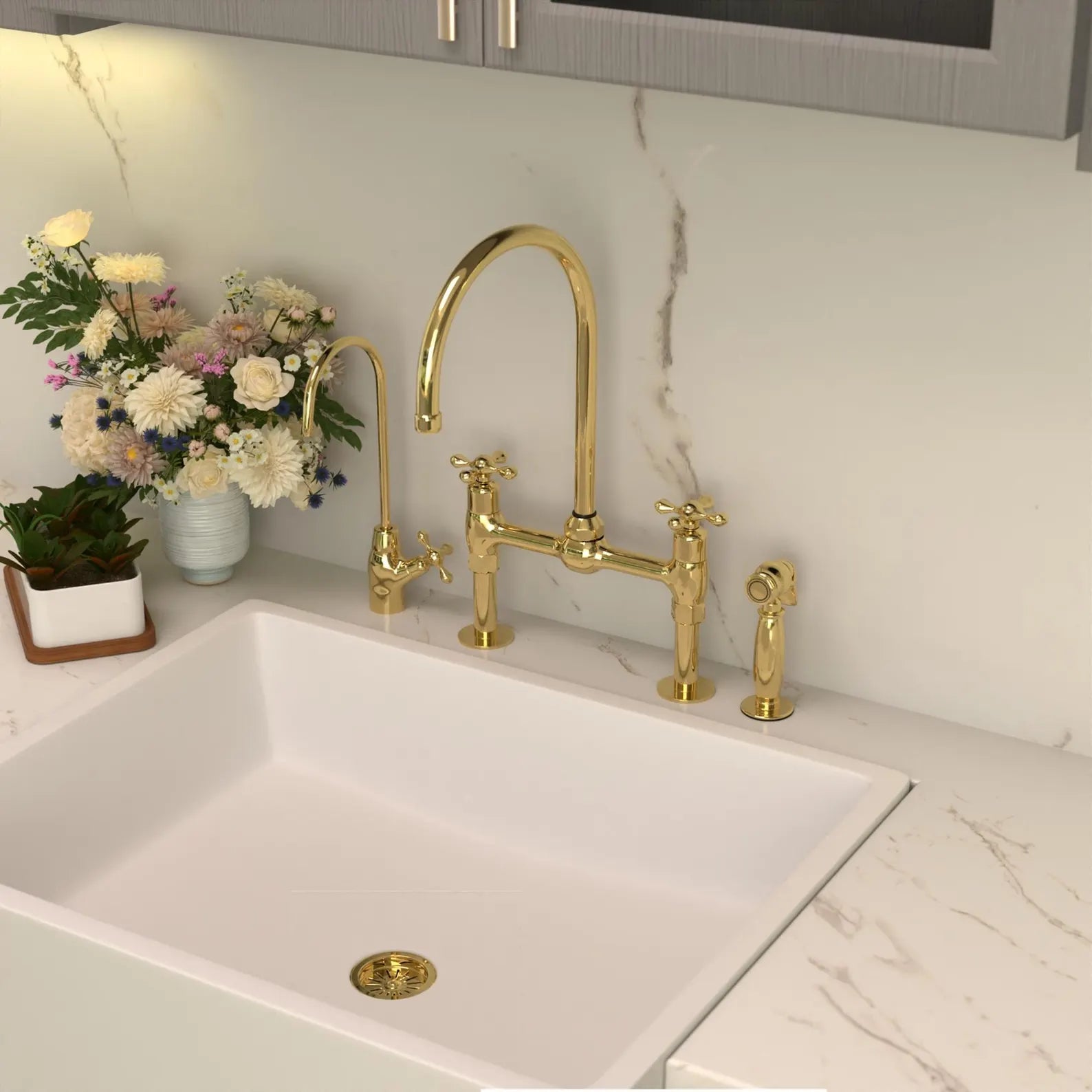 Unlacquered Brass Kitchen Faucet, Center ball Bridge Sink with Sprayer &amp; cold water tap