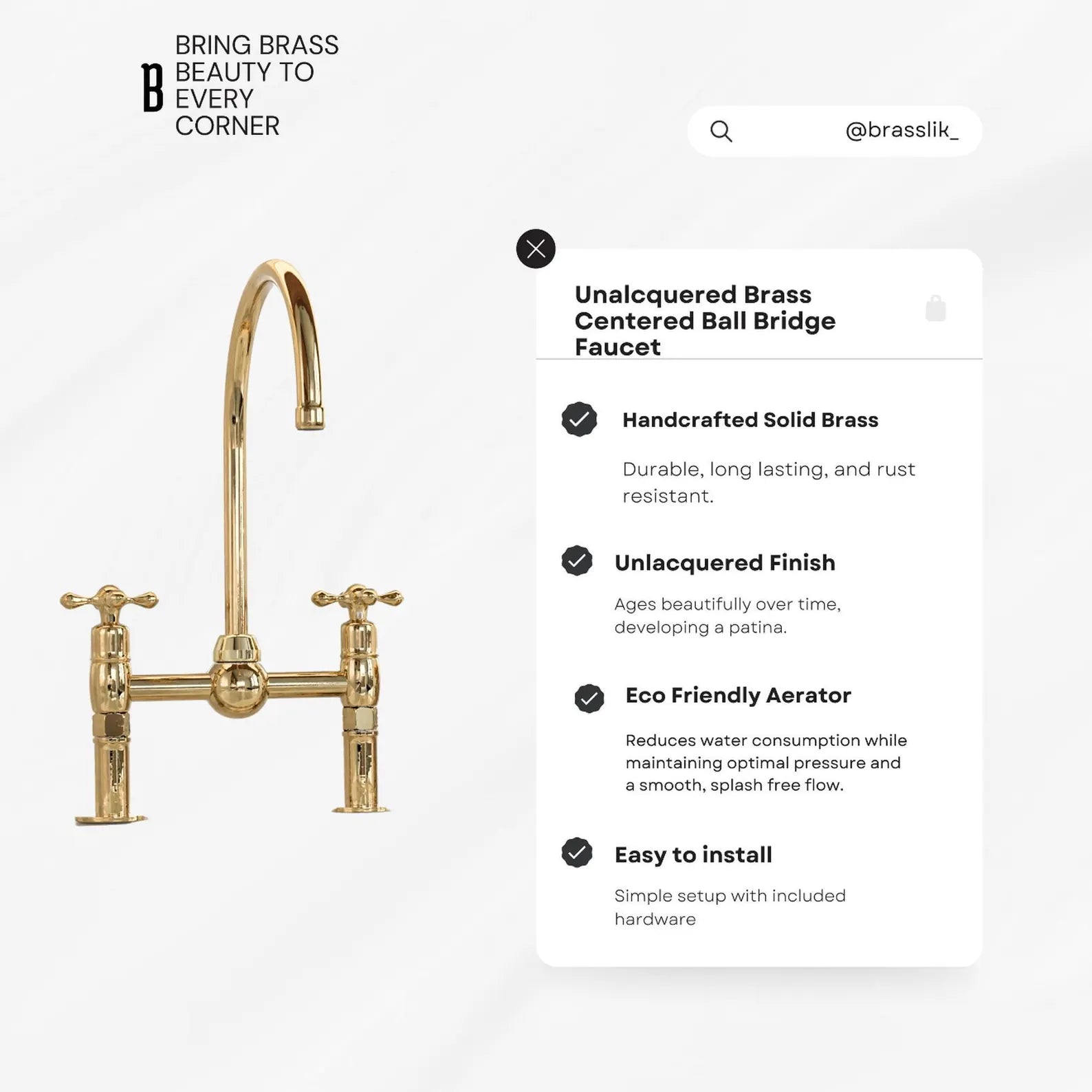 Unlacquered Brass Kitchen Faucet, Center ball Bridge Sink with Sprayer &amp; cold water tap